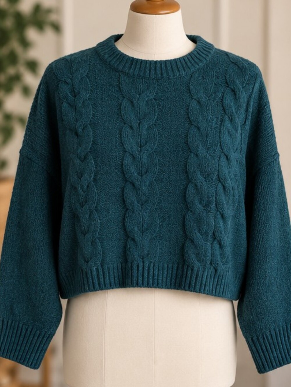 Hazel Moon Teal Cropped Cable Knit Sweater Cozy Knit